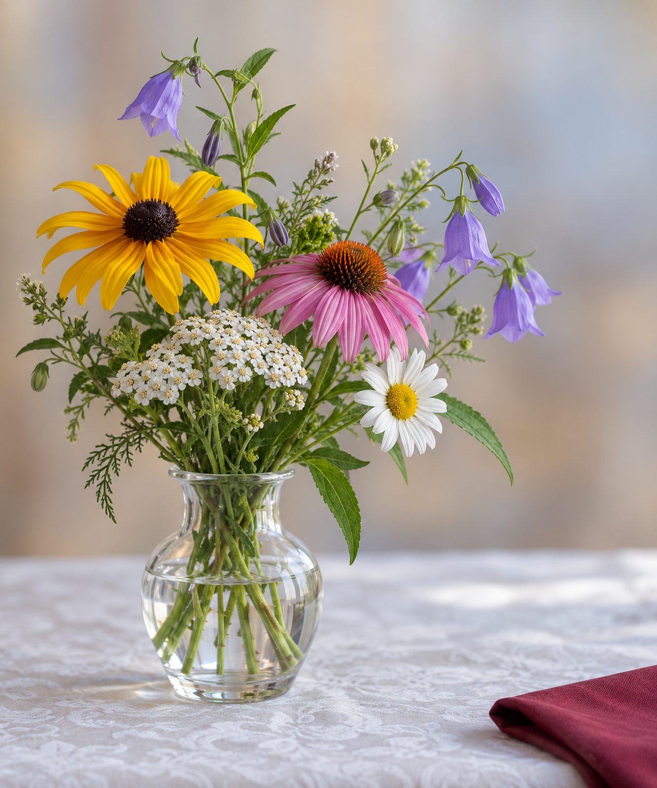 Ein Strauß Gartenblumen im Glas auf einem weiß gedeckten Tisch, Hintergrund unscharf (Illustration)